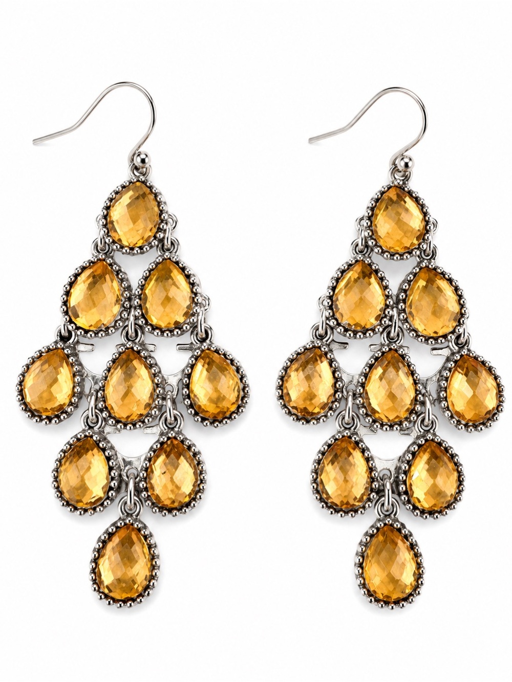 Silver Tone Amber Crystal Chandelier Statement Earrings